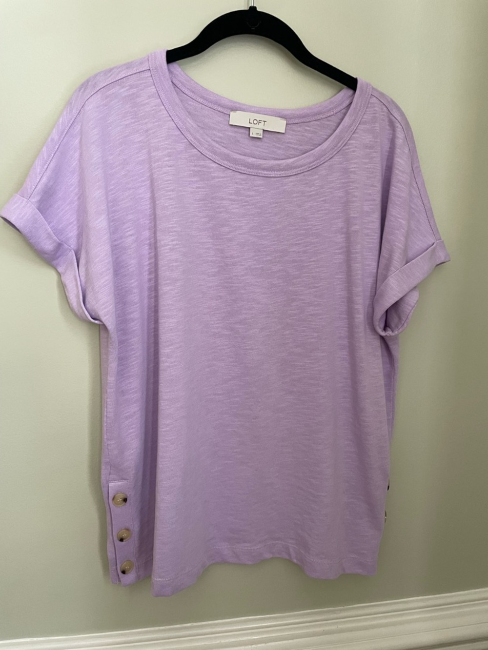 LOFT Lilac Short Sleeve Crewneck Top with Side Button Accents